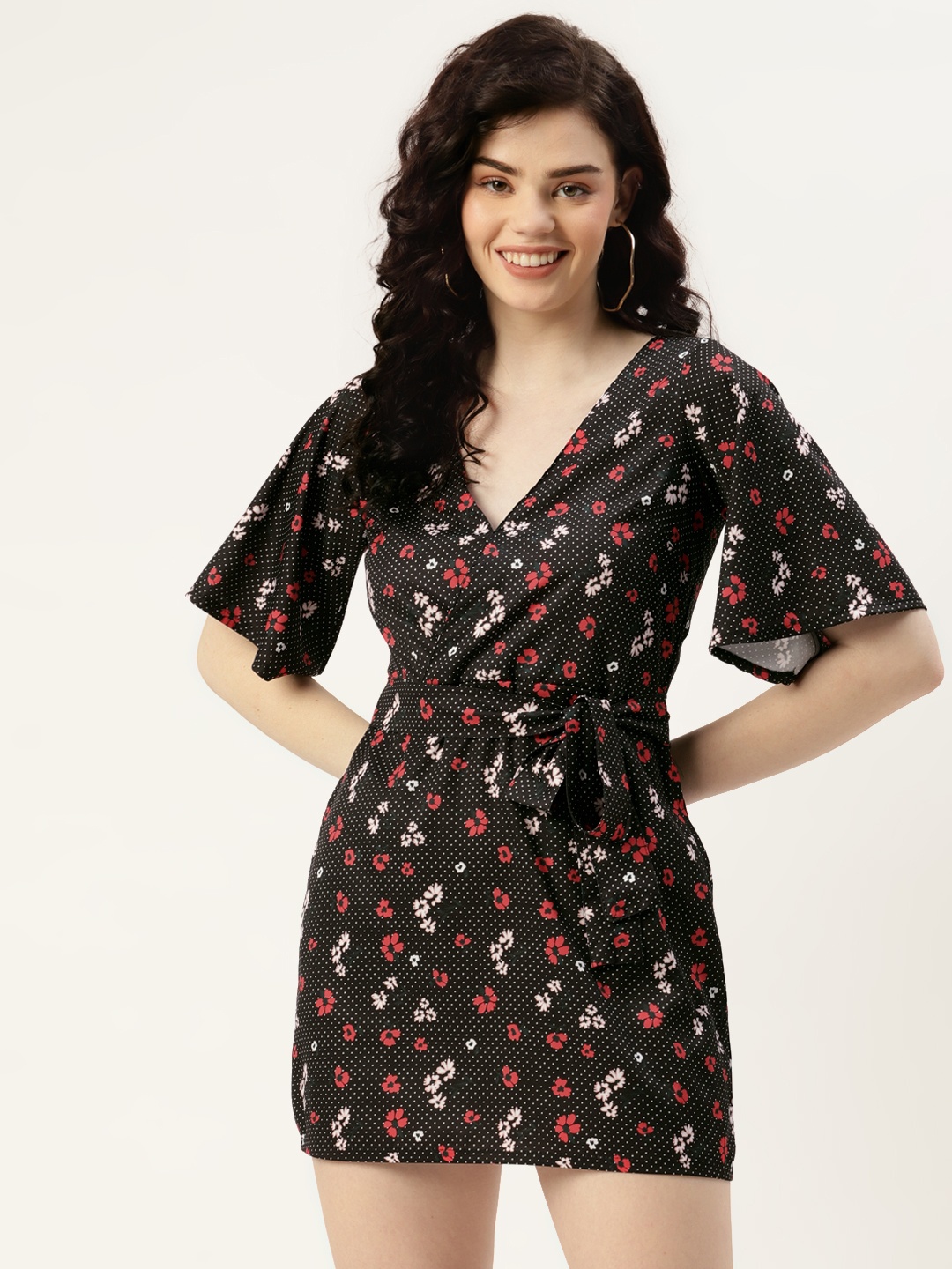 

Sleek Italia Black & Red Floral Print Flared Sleeves Crepe Mini Wrap Dress