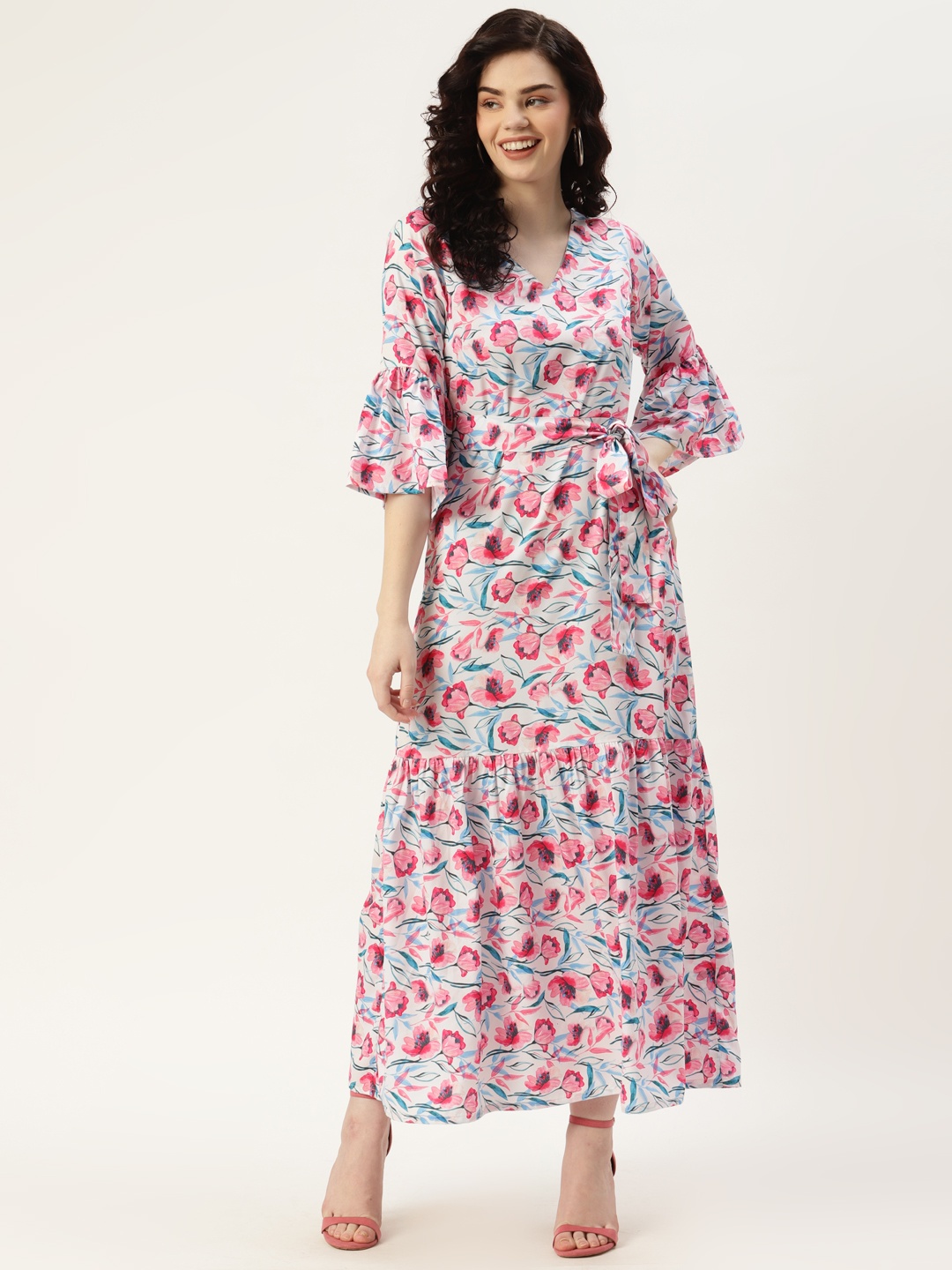 

Sleek Italia White & Pink Floral Print Bell Sleeves Crepe Tiered Maxi Dress