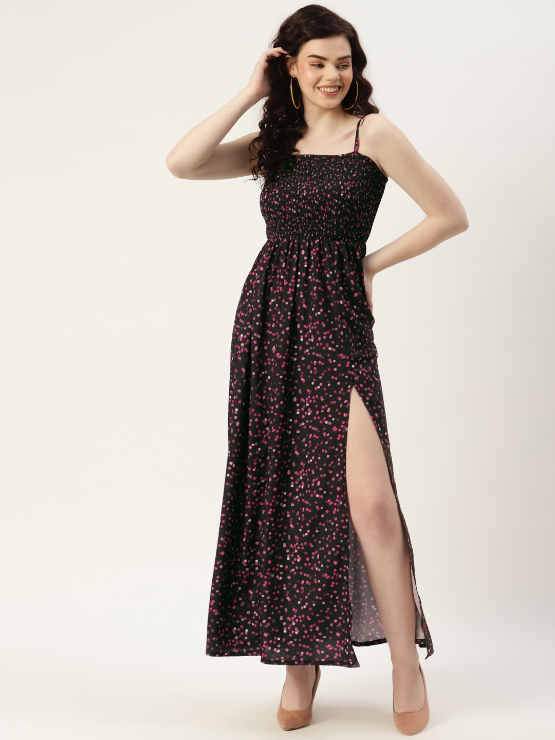 

Sleek Italia Women Black & Pink Floral Print Side High Slit Crepe Maxi Dress
