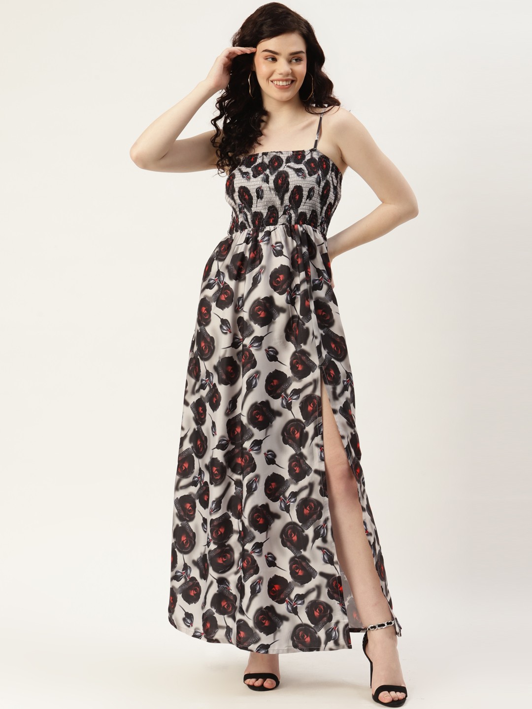

Sleek Italia Women Grey & Black Floral Print Crepe Maxi Dress