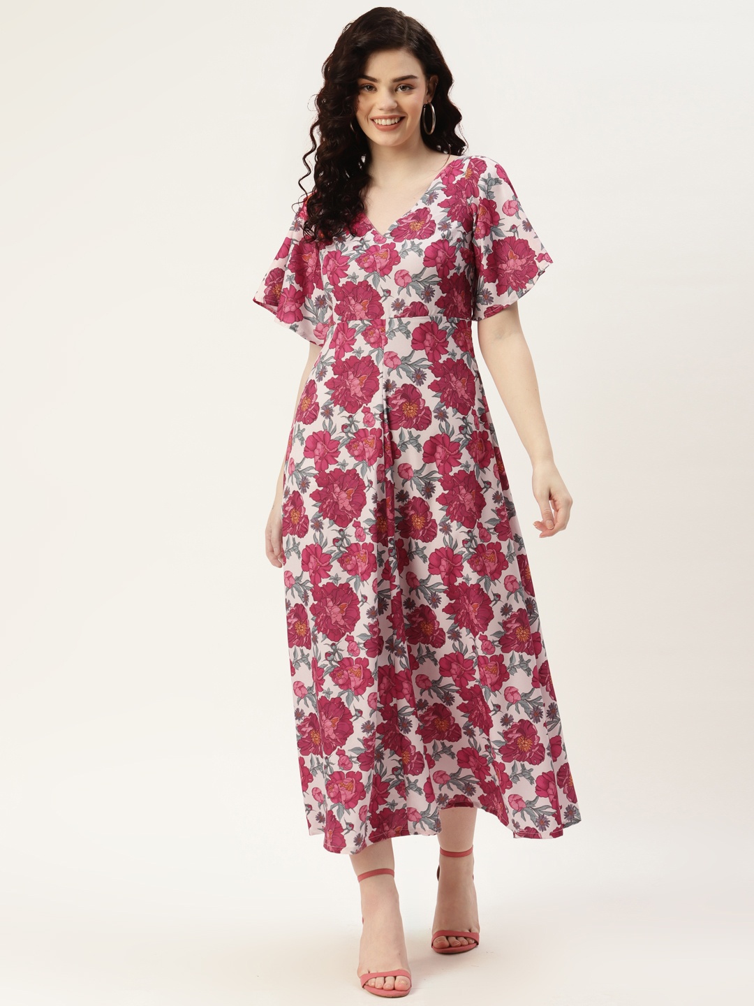 

Sleek Italia Women Grey & Pink Floral Print Crepe Maxi Dress