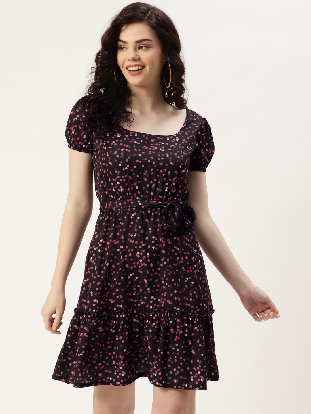 

Sleek Italia Women Black & Pink Polka Dot Print Crepe Dress