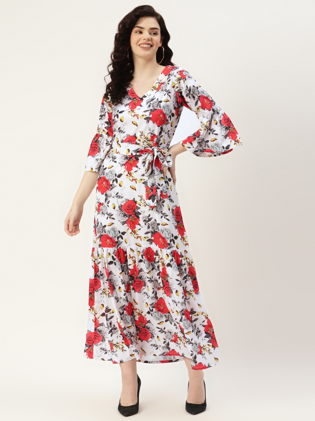 

Sleek Italia Women White & Red Floral Print Crepe Maxi Dress