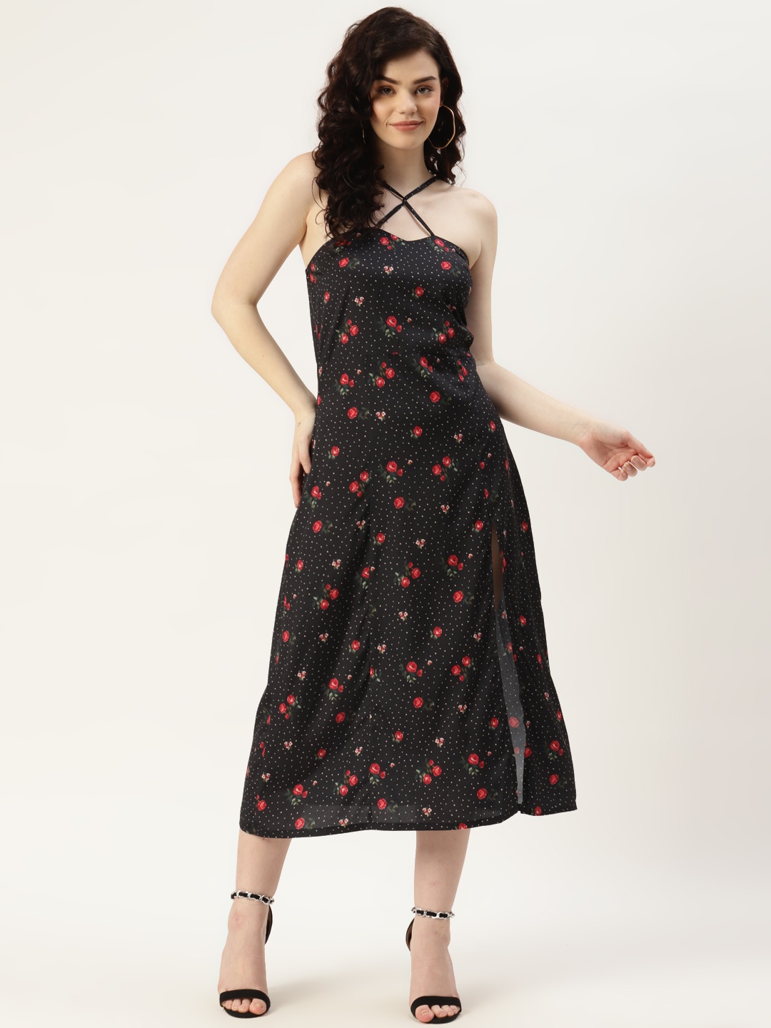 

Sleek Italia Women Black & Red Ethnic Motifs Print Crepe Midi Dress