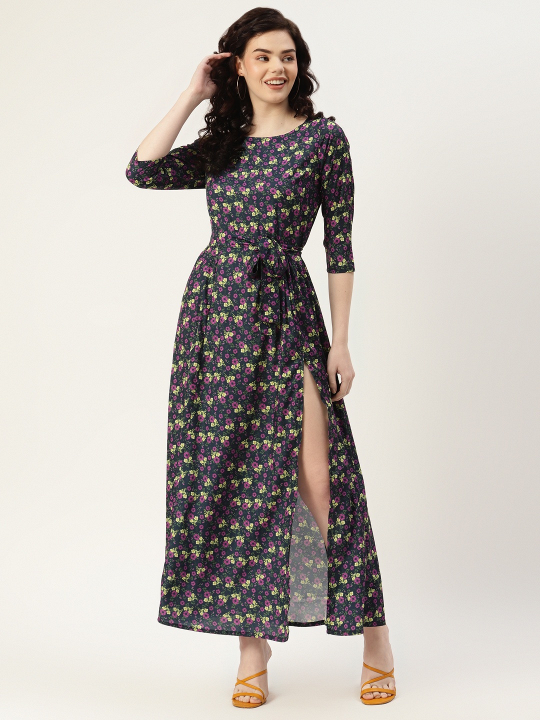 

Sleek Italia Women Navy Blue & Green Floral Print Crepe Maxi Dress