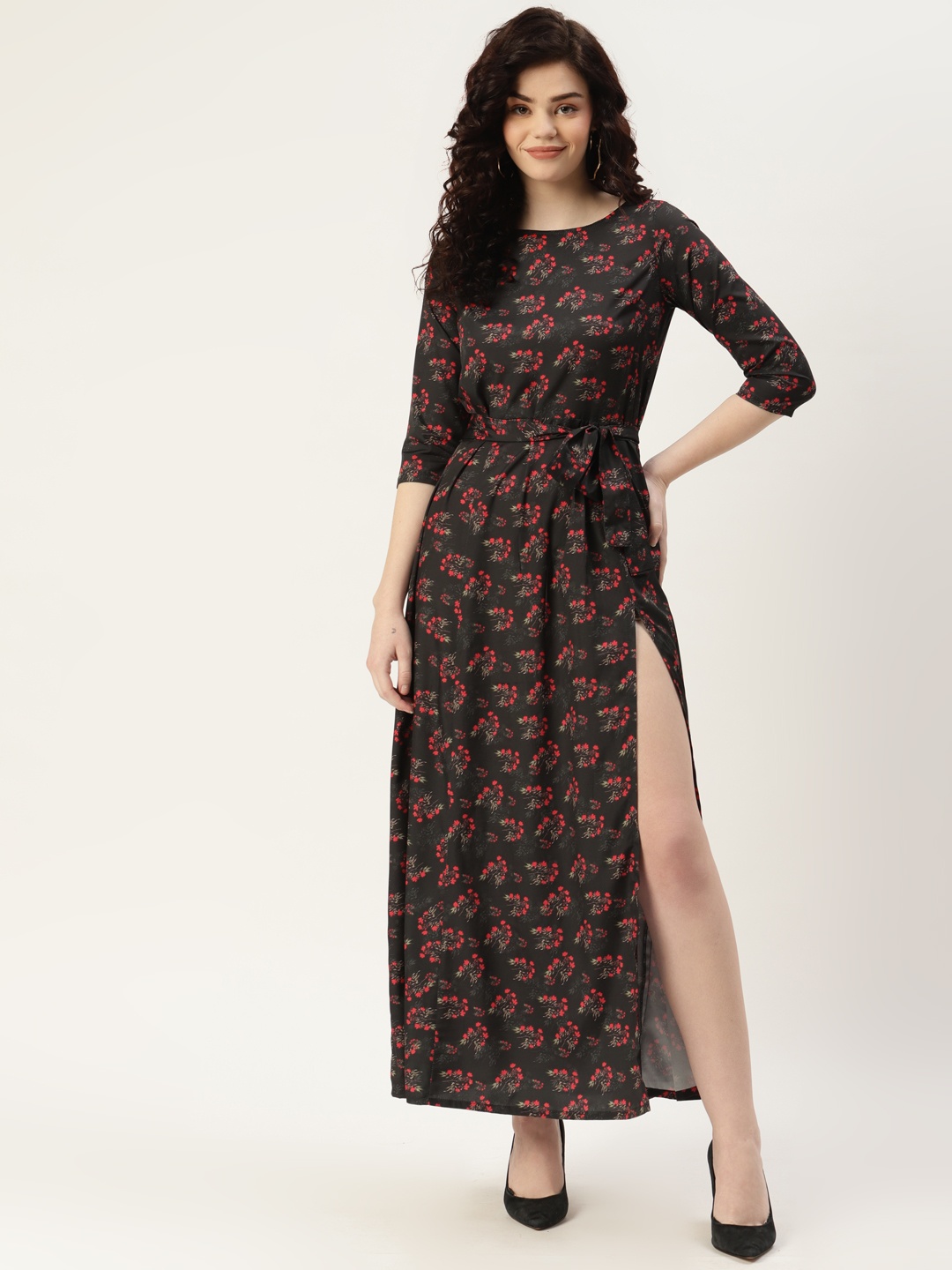 

Sleek Italia Women Olive Green & Red Floral Print Crepe Maxi Dress