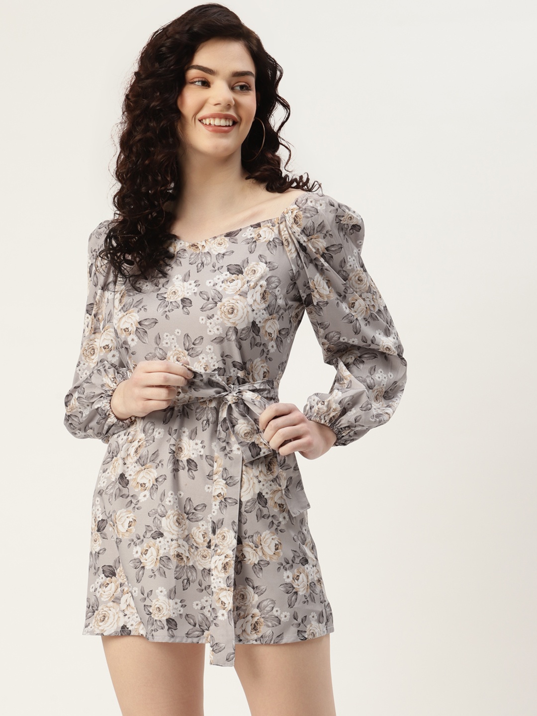 

Sleek Italia Women Grey & Yellow Floral Print Crepe Dress