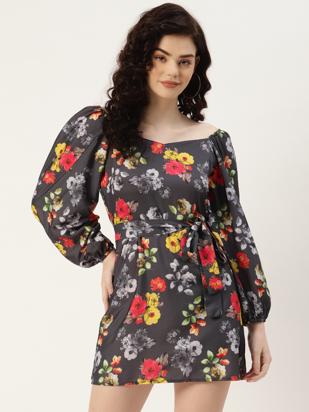 

Sleek Italia Women Grey Red & Yellow Floral Print Sheath Mini Dress