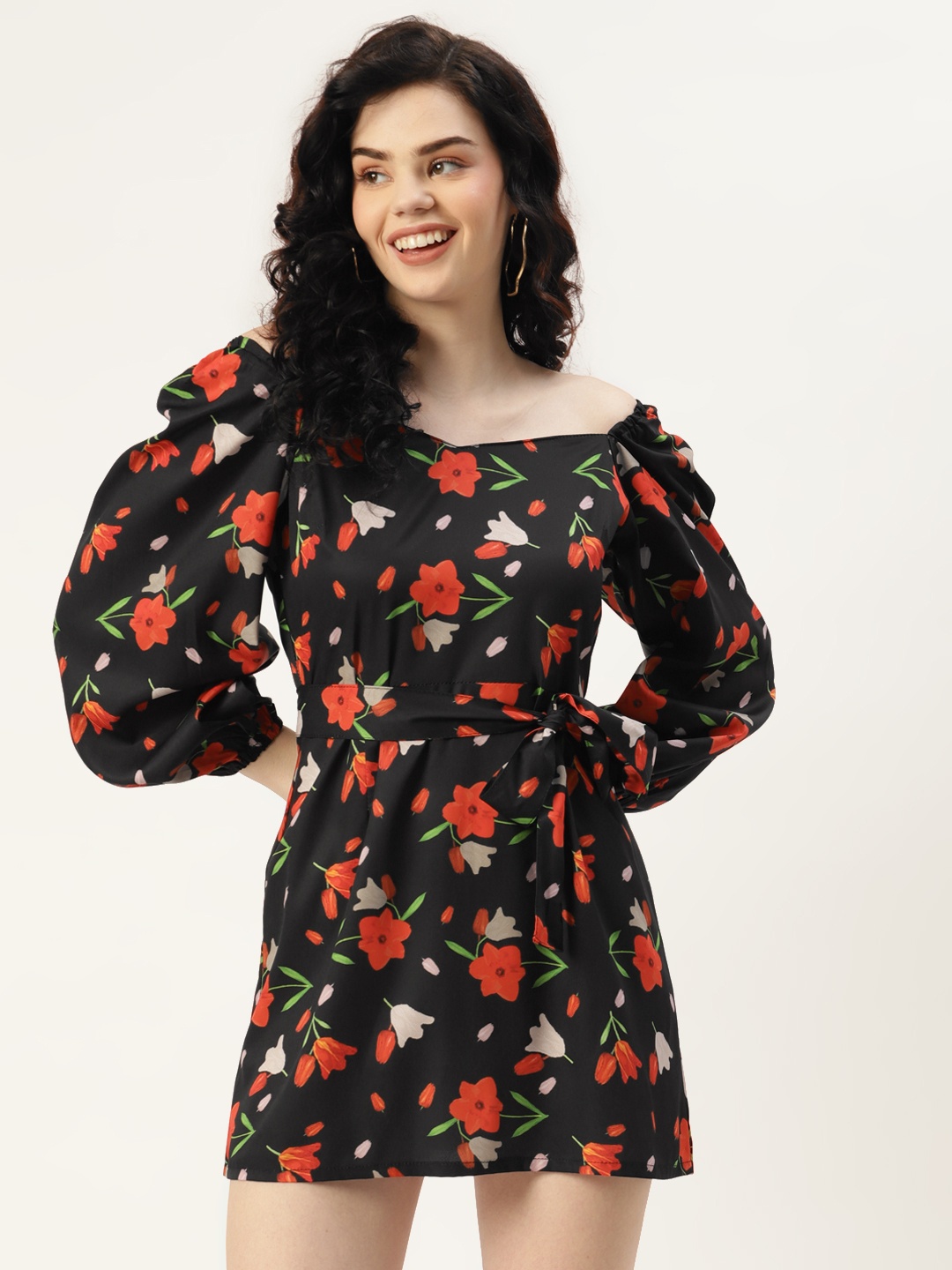 

Sleek Italia Black & Red Floral Printed A-Line Mini Dress
