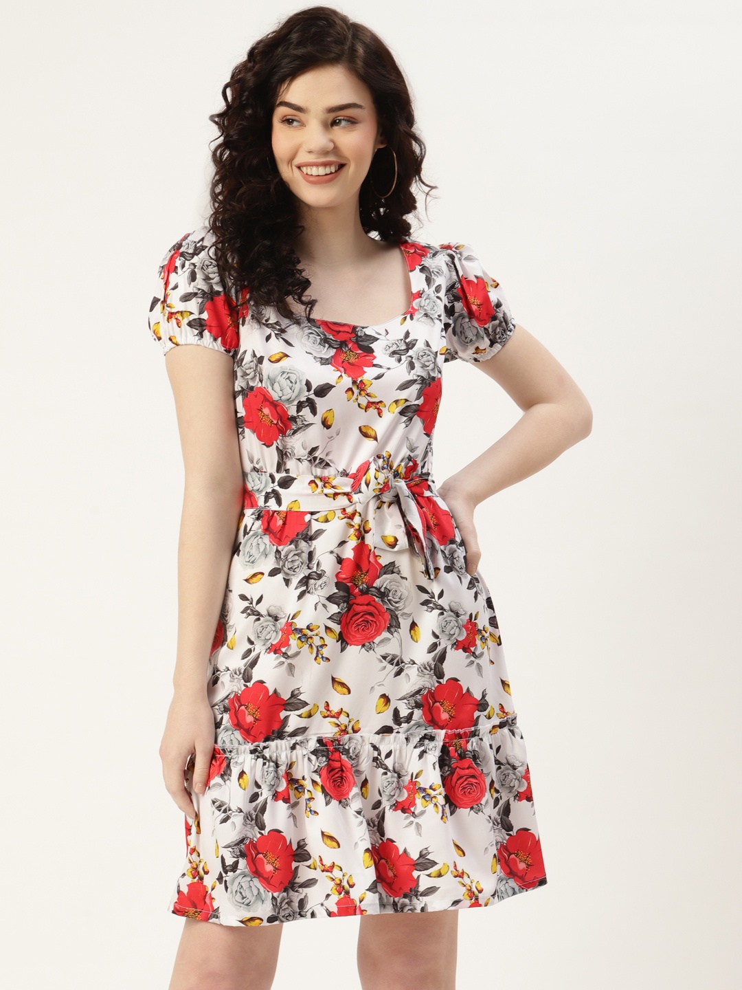 

Sleek Italia Women White & Red Floral Print Fit & Flare Dress