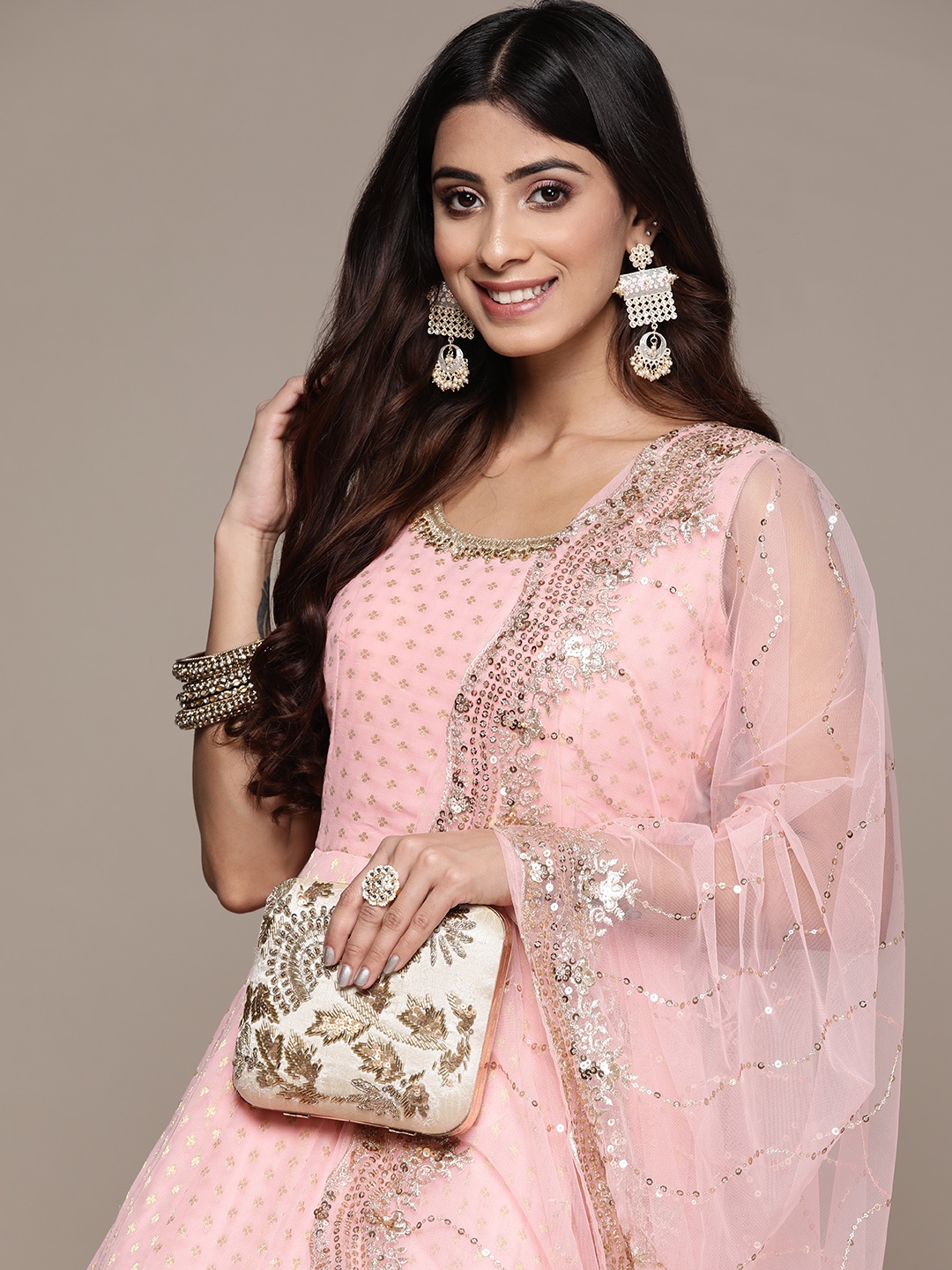 

SAARYA Pink & Golden Ethnic Motifs Print Maxi Dress with Dupatta