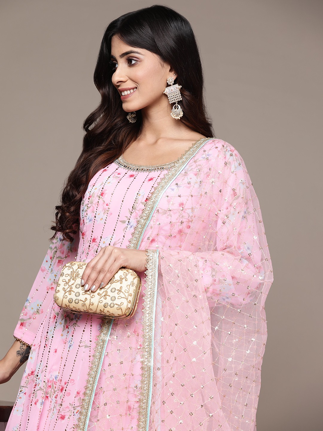 

SAARYA Pink & Blue Floral Print Ethnic Maxi Dress with Dupatta
