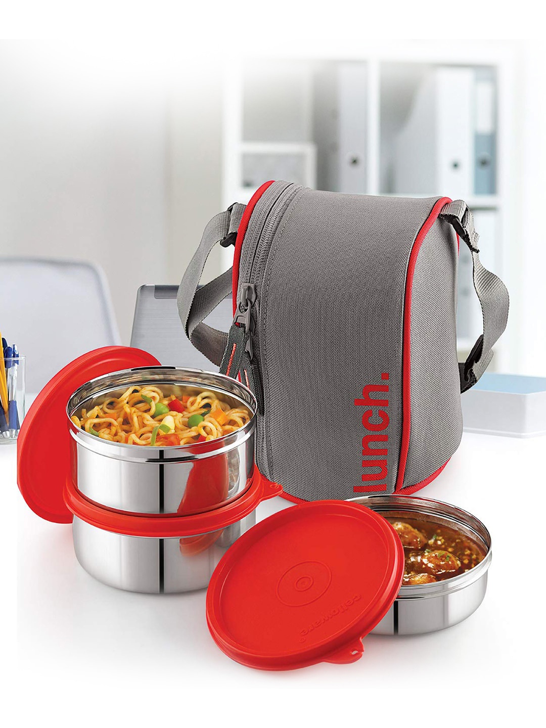 

Cello MF Office Mate 3Pcs Red Stainless Steel Lunch Box with Bag