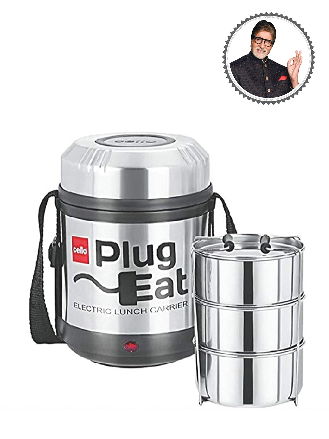 

Cello Silver Toned Electro Electric Stainless Steel Electric Lunch Box With 3 Containers