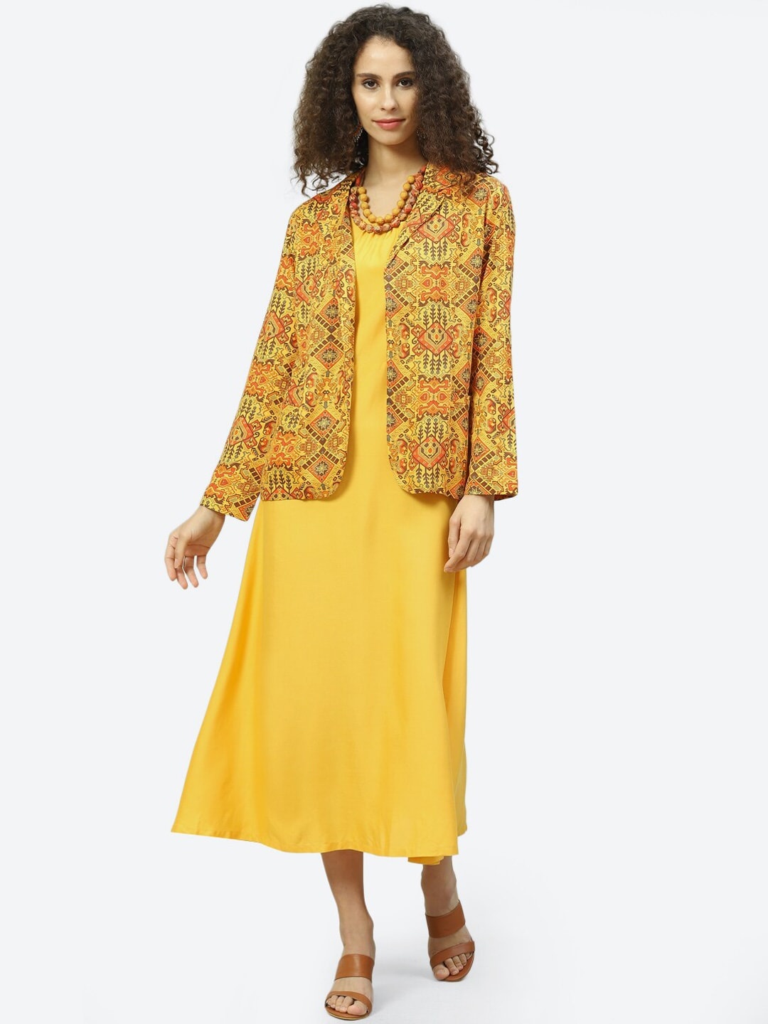 

Biba Women Mustard Yellow Solid Dress With Ethnic Motifs Jacket