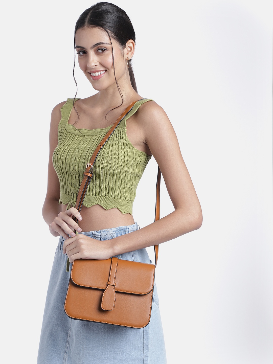 

IRTH Women Structured Sling Bag, Tan