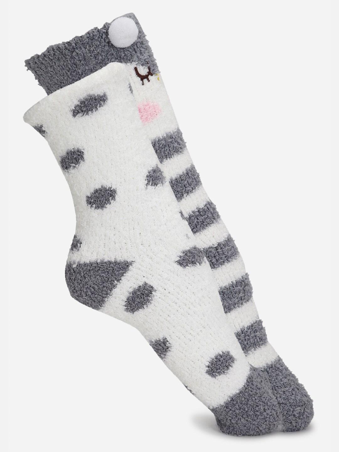 

FOREVER 21 Women White & Grey Patterned Above-Ankle Length Socks