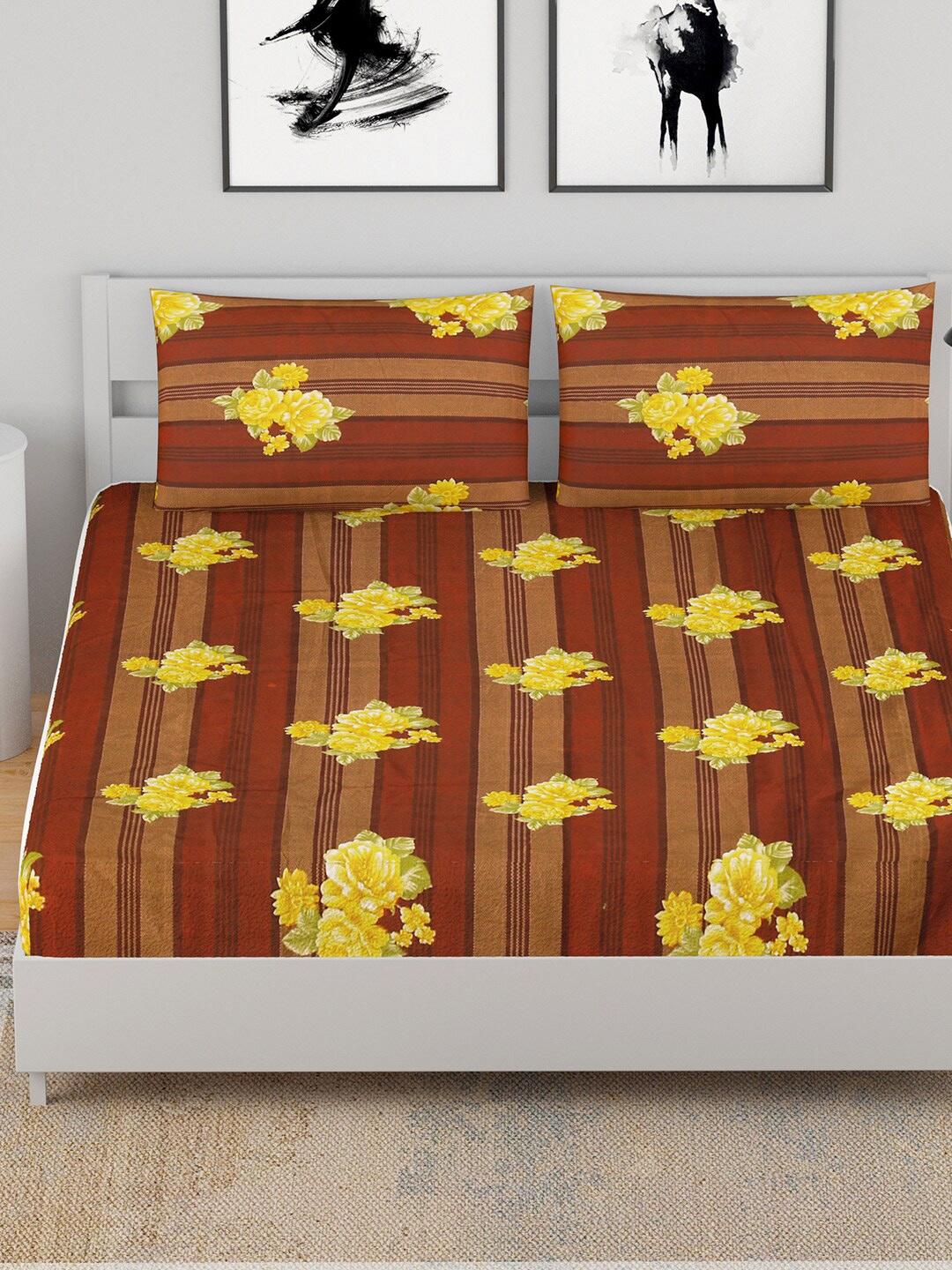 

BELLA CASA Brown & Yellow Floral 144 TC Queen Bedsheet with 2 Pillow Covers