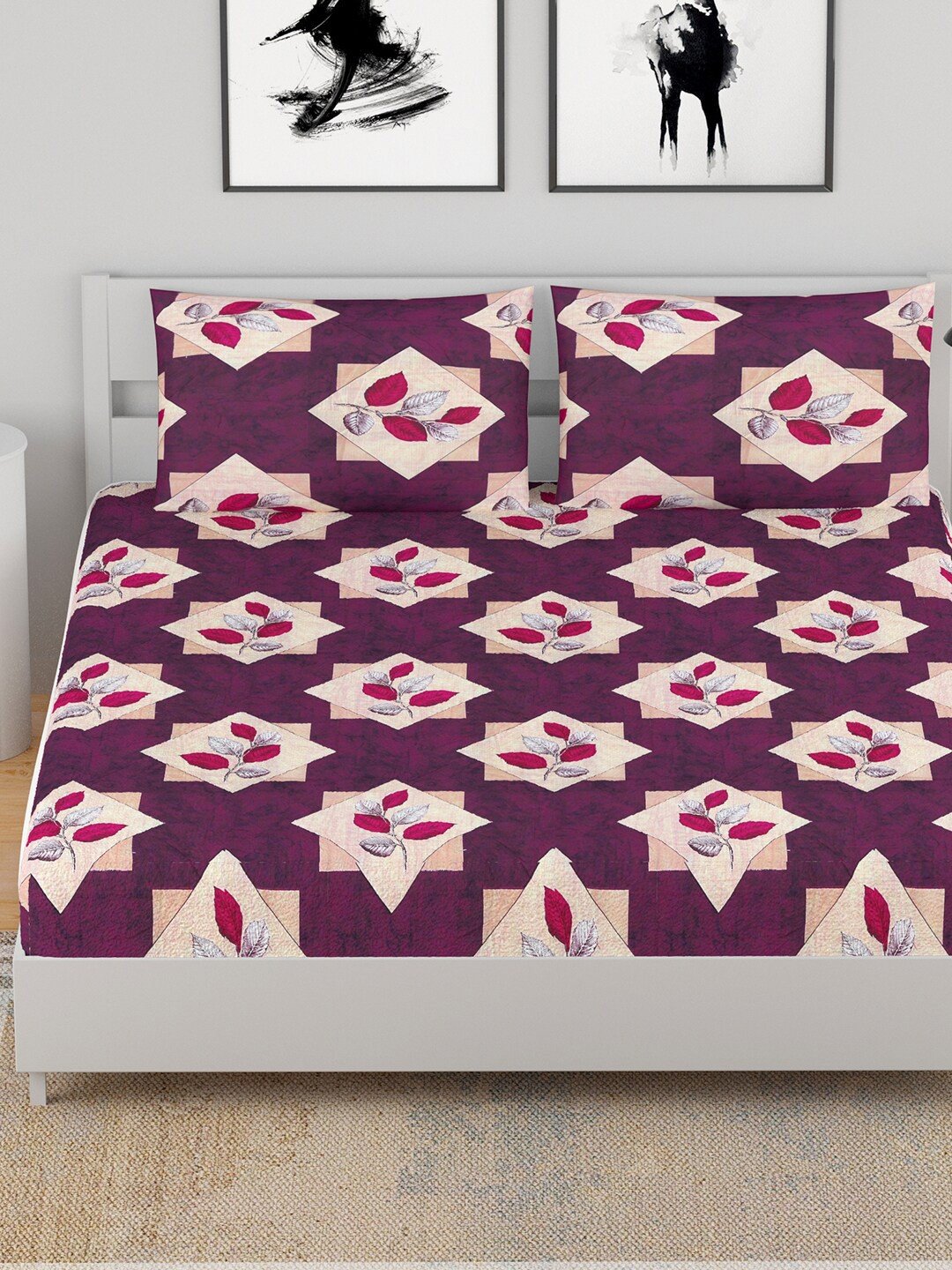 

BELLA CASA Purple & Pink Floral 144 TC Queen Bedsheet with 2 Pillow Covers