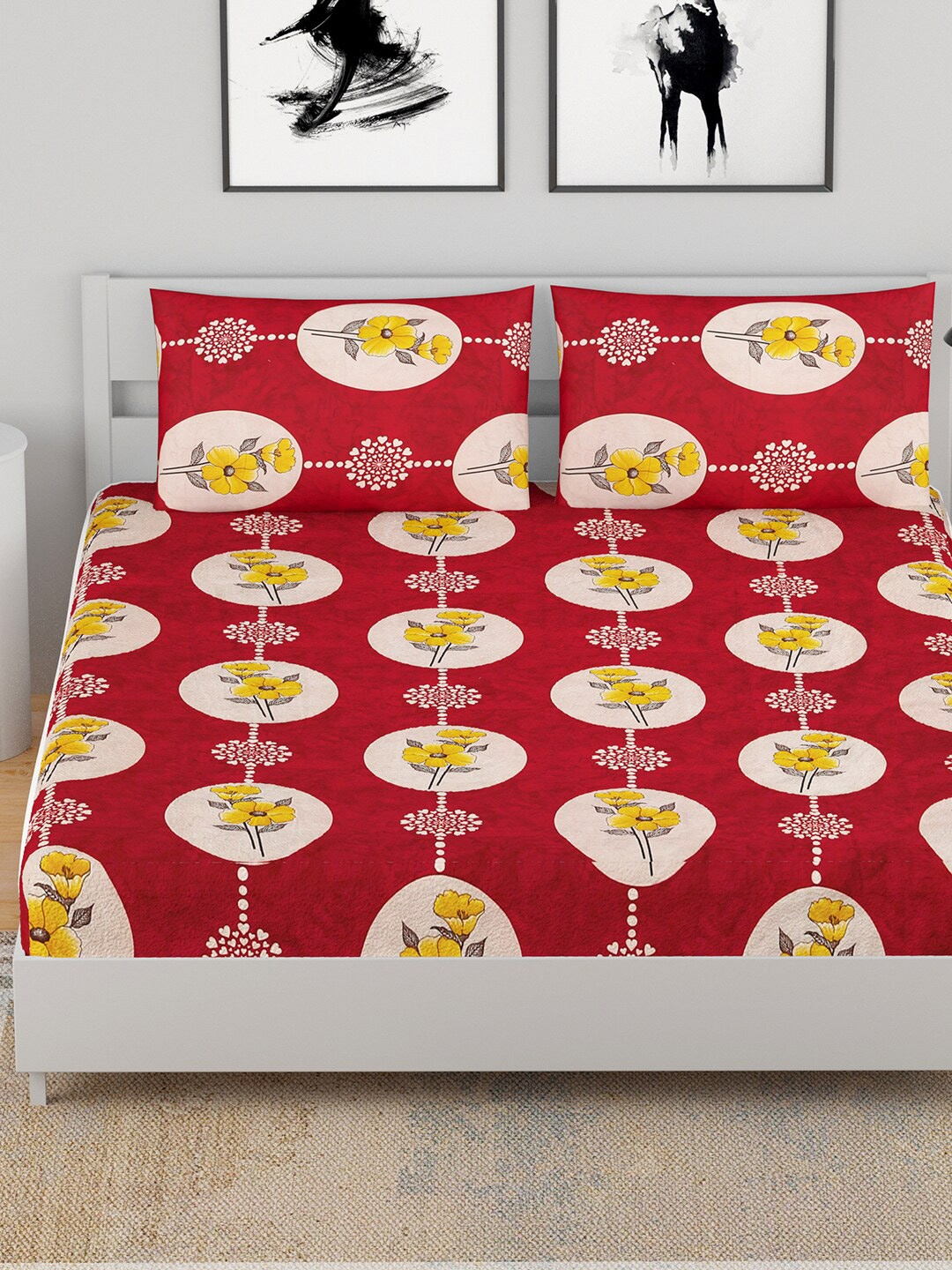 

BELLA CASA Red & Yellow Floral 144 TC Queen Bedsheet with 2 Pillow Covers