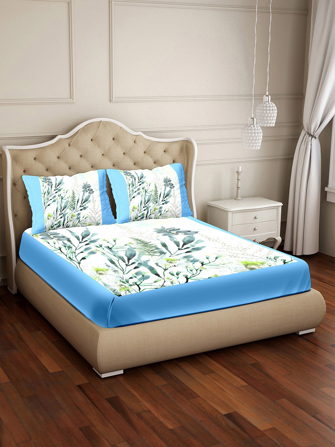 

BELLA CASA White & Blue Floral 350 TC King Bedsheet with 2 Pillow Covers