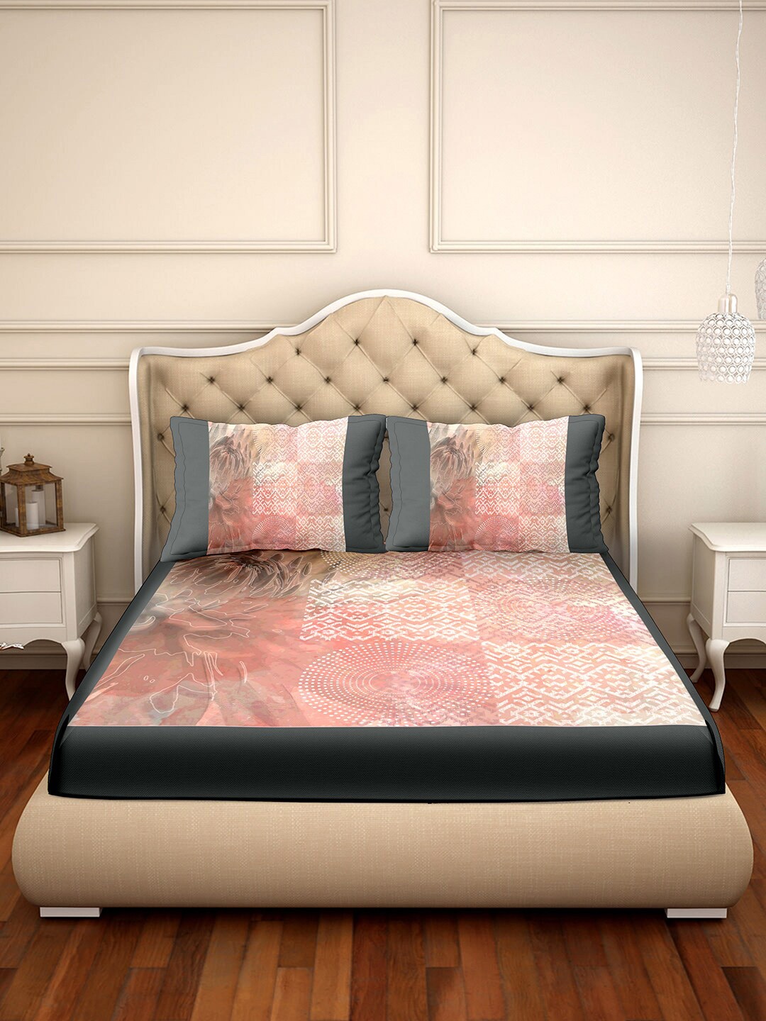 

BELLA CASA Pink & Grey Printed 350 TC Cotton King Bedsheet with 2 Pillow Covers