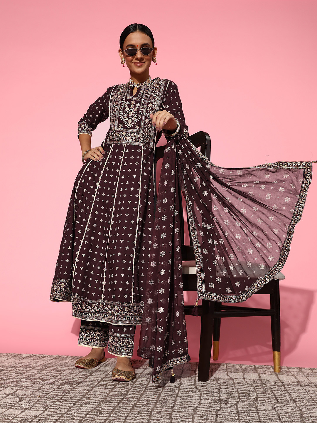

ZOLA Women Purple Ethnic Motifs Printed Thread Work Kurta with Trousers & With Dupatta