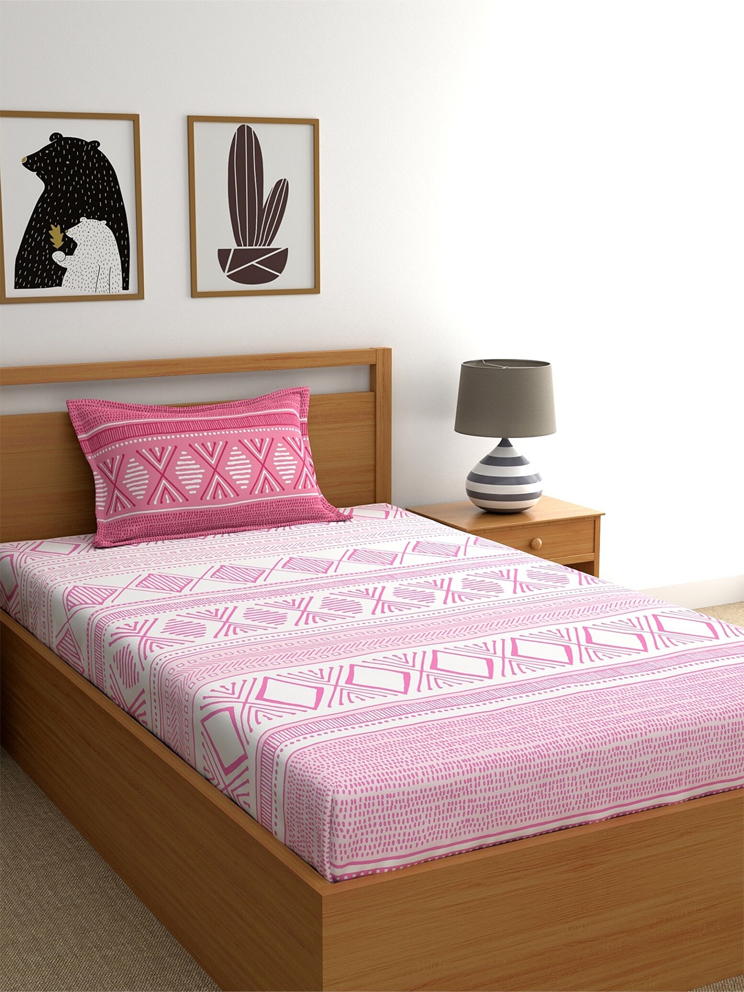 

Home Ecstasy Pink & White Geometric 140 TC Single Bedsheet with 1 Pillow Covers