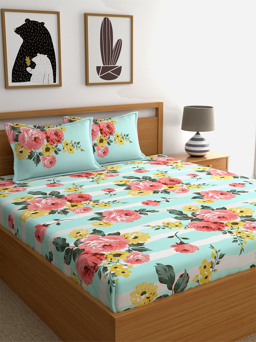 

Home Ecstasy Sea Green & Pink Cotton Floral 140 TC King Bedsheet with 2 Pillow Covers