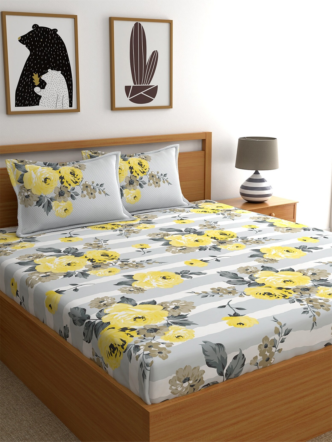 

Home Ecstasy Grey & Yellow Cotton Floral 140 TC Queen Bedsheet with 2 Pillow Covers