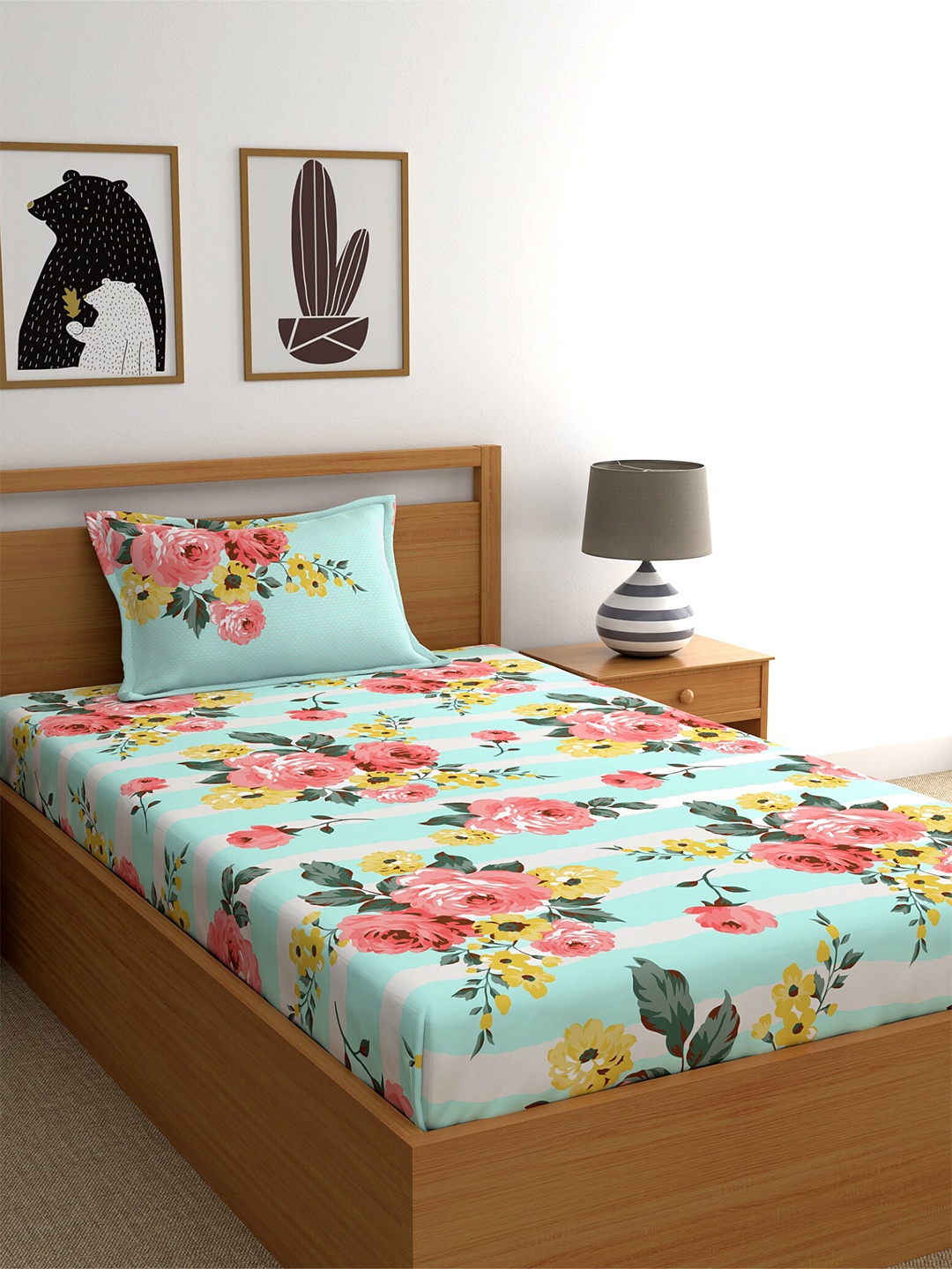 

Home Ecstasy Cotton Floral 140 TC Single Bedsheet with 1 Pillow Cover, Sea green