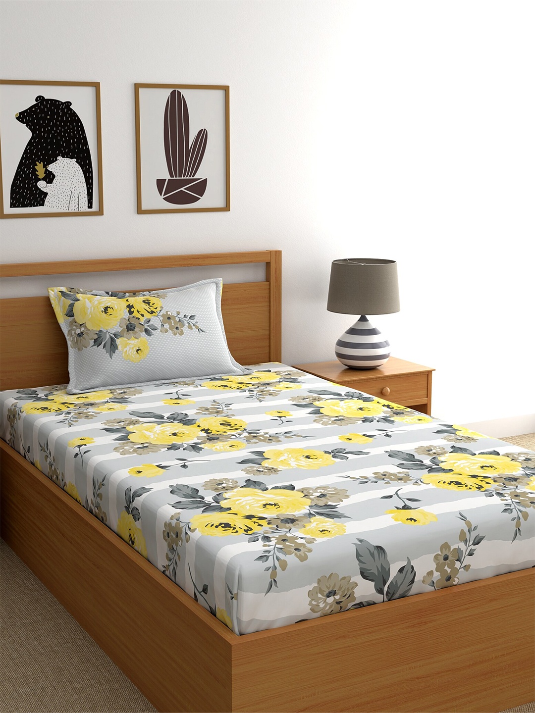 

Home Ecstasy Grey & Yellow Cotton Floral 140 TC Single Bedsheet with 1 Pillow Covers