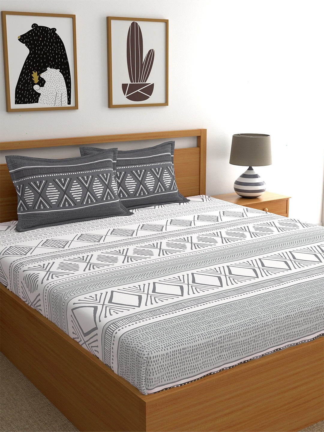 

Home Ecstasy Cotton Geometric 140 TC King Bedsheet with 2 Pillow Covers, Brown