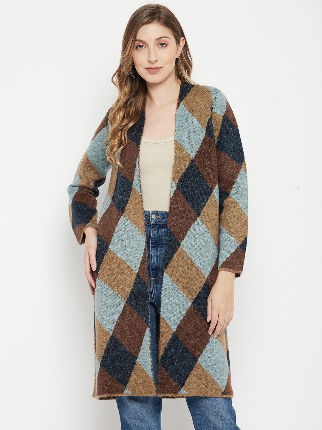 

Madame Women Navy Blue & Brown Checked Longline Acrylic Sweater