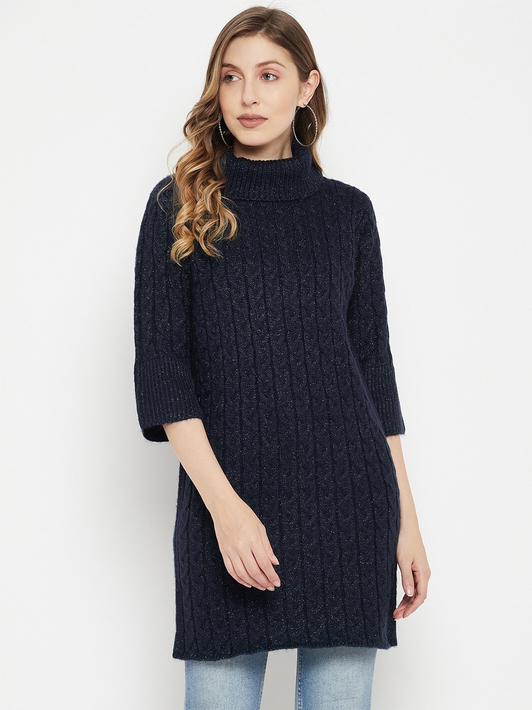 

Madame Women Navy Blue Cable Knit Longline Sweater Vest