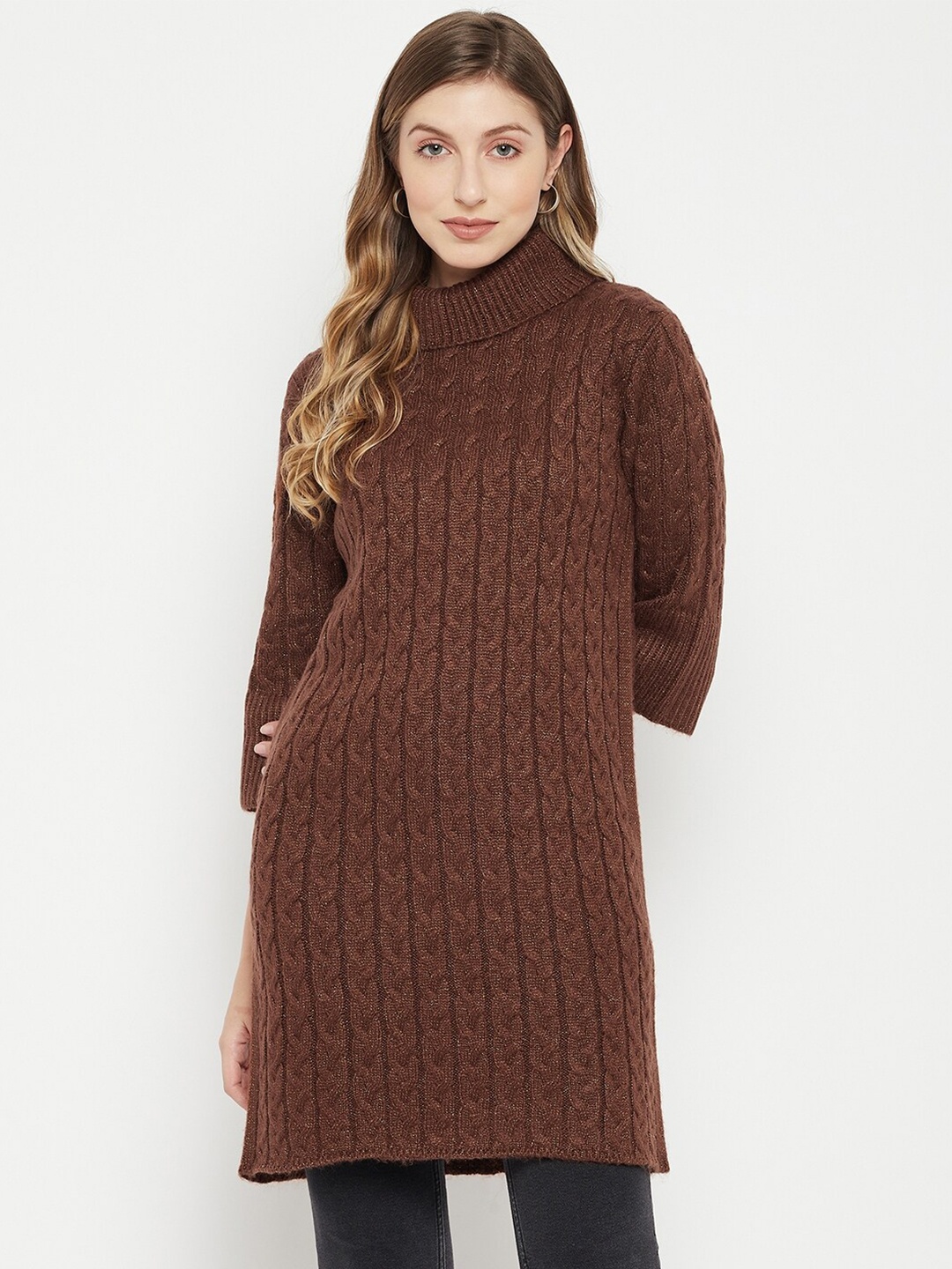 

Madame Women Brown Cable Knit Longline Pullover