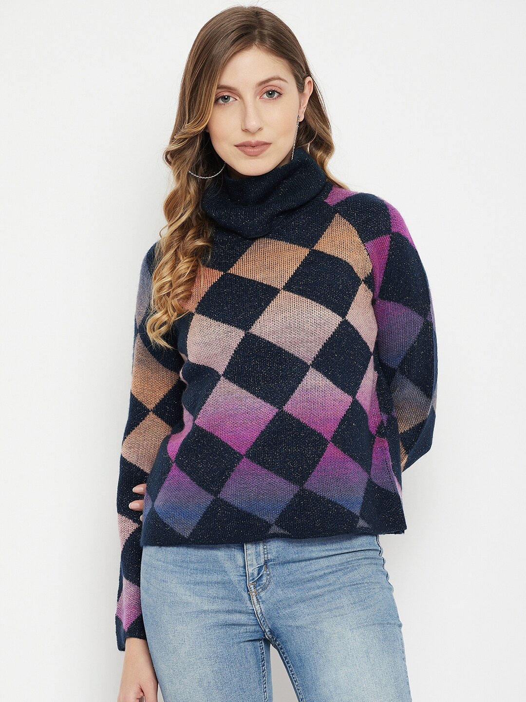 

Madame Women Black & Orange Checked Turtle Neck Acrylic Pullover