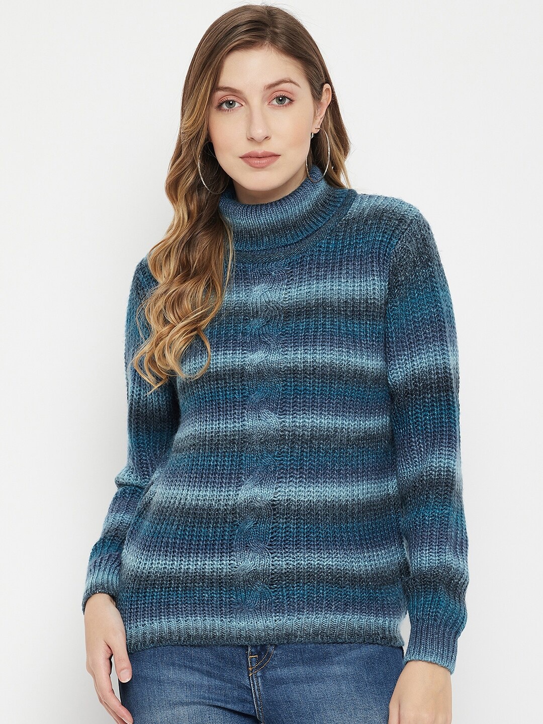 

Madame Women Blue & White Striped Turtle Neck Pullover