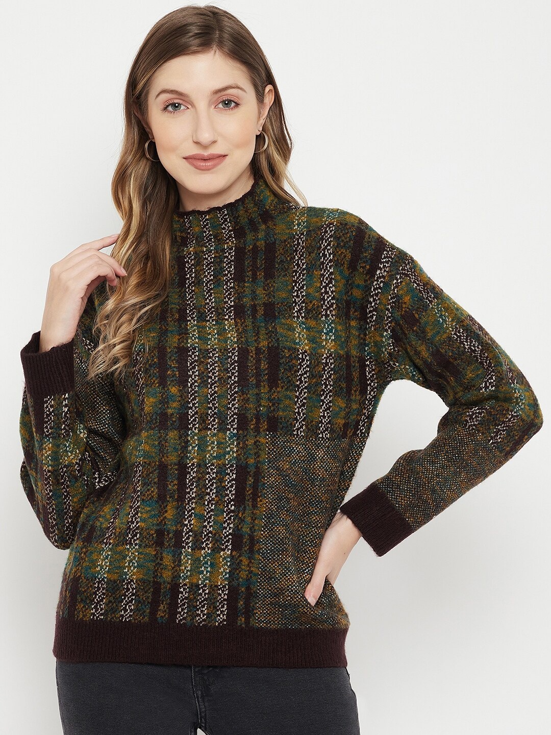 

Madame Women Purple & Green Turtle Neck Acrylic Pullover