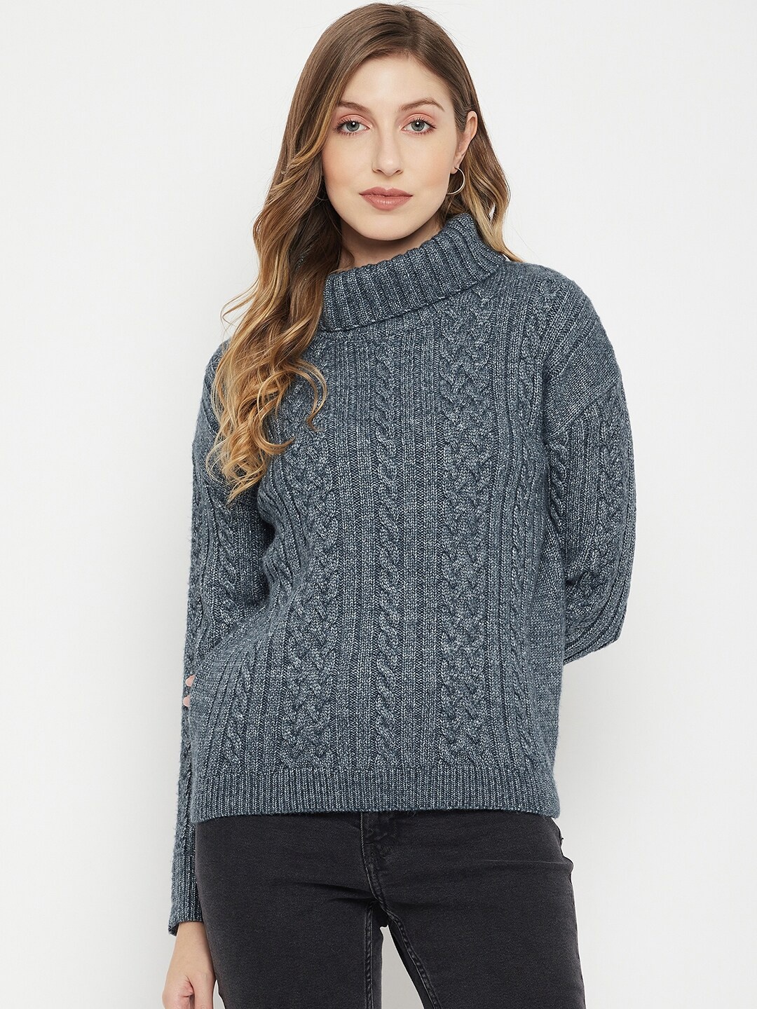 

Madame Women Blue Cable Knit Turtle Neck Pullover
