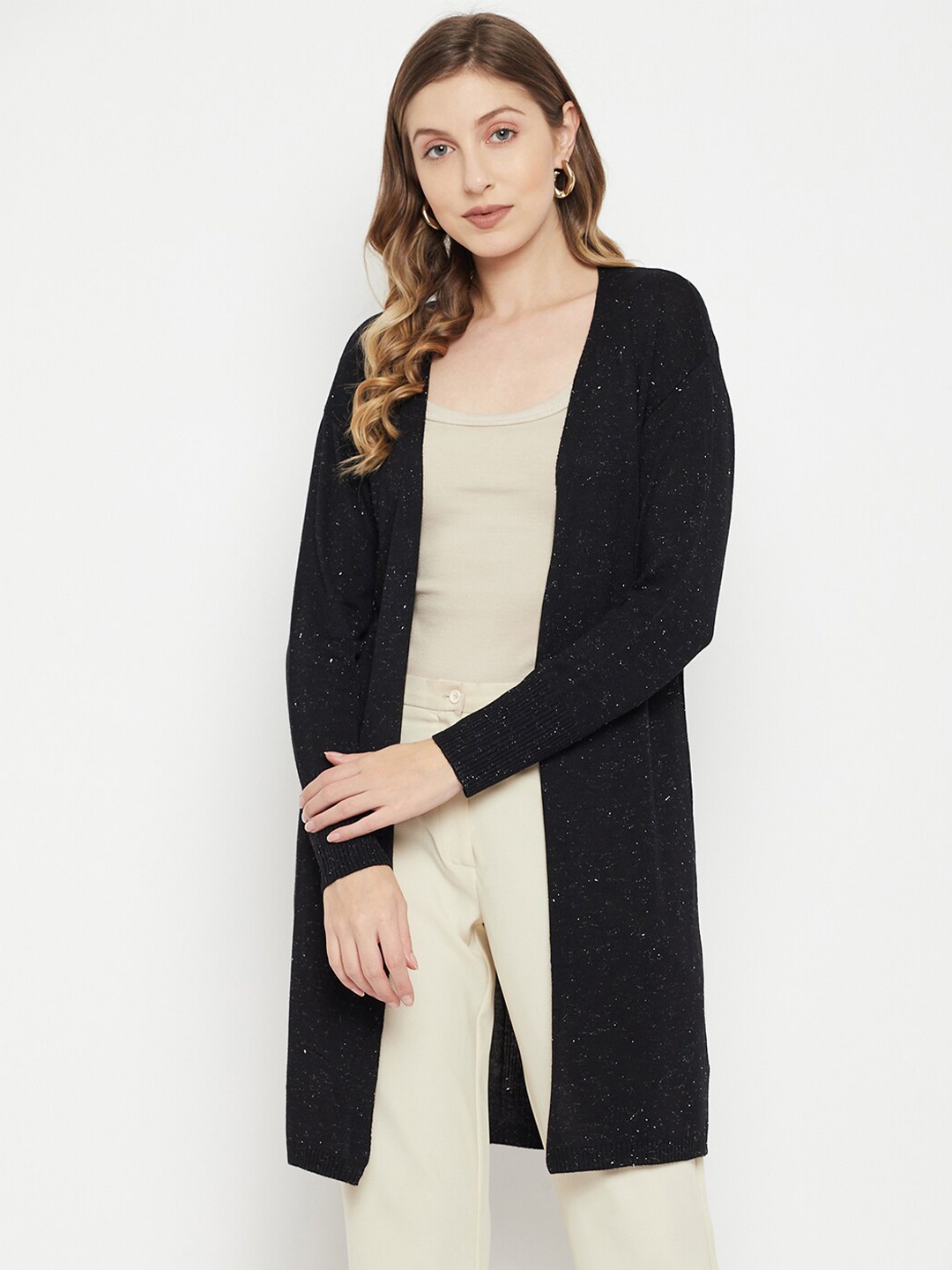 

Madame Women Black Front-Open Longline Sweater