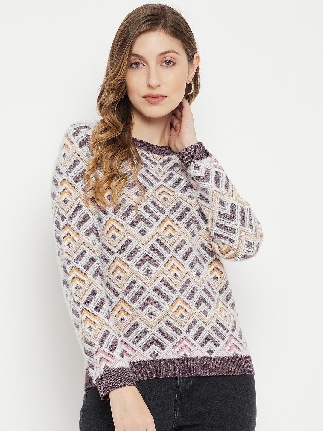 

Madame Women Purple & White Printed Round Neck Acrylic Pullover
