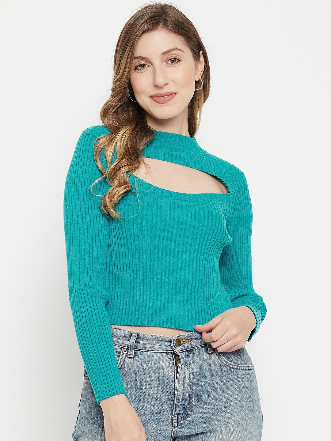 

Madame Women Blue Ribbed Round Neck Crop Pullover