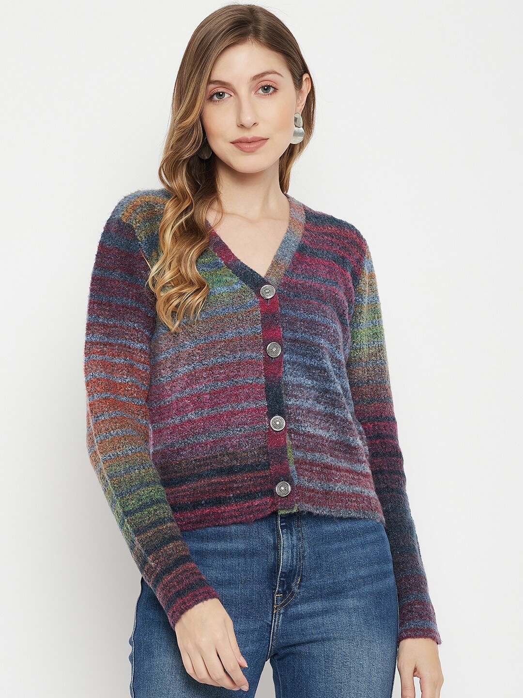 

Madame Women Blue & Purple Striped V-Neck Cardigan