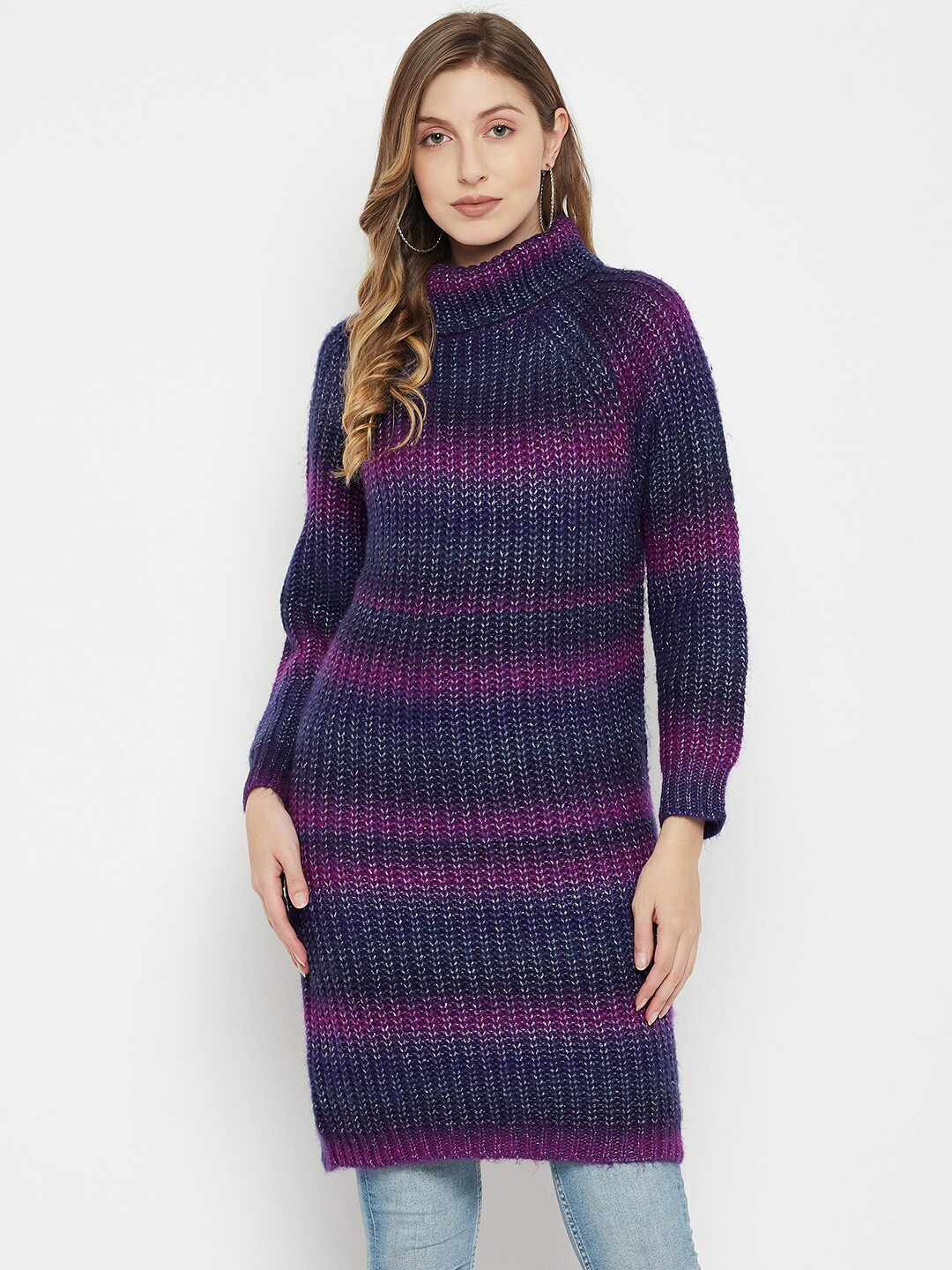 

Madame Women Navy Blue & Purple Colourblocked Turtle Neck Longline Pullover