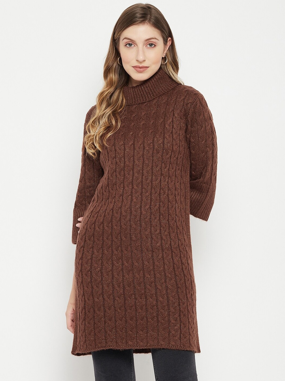 

Madame Women Brown Cable Knit Turtle Neck Longline Pullover