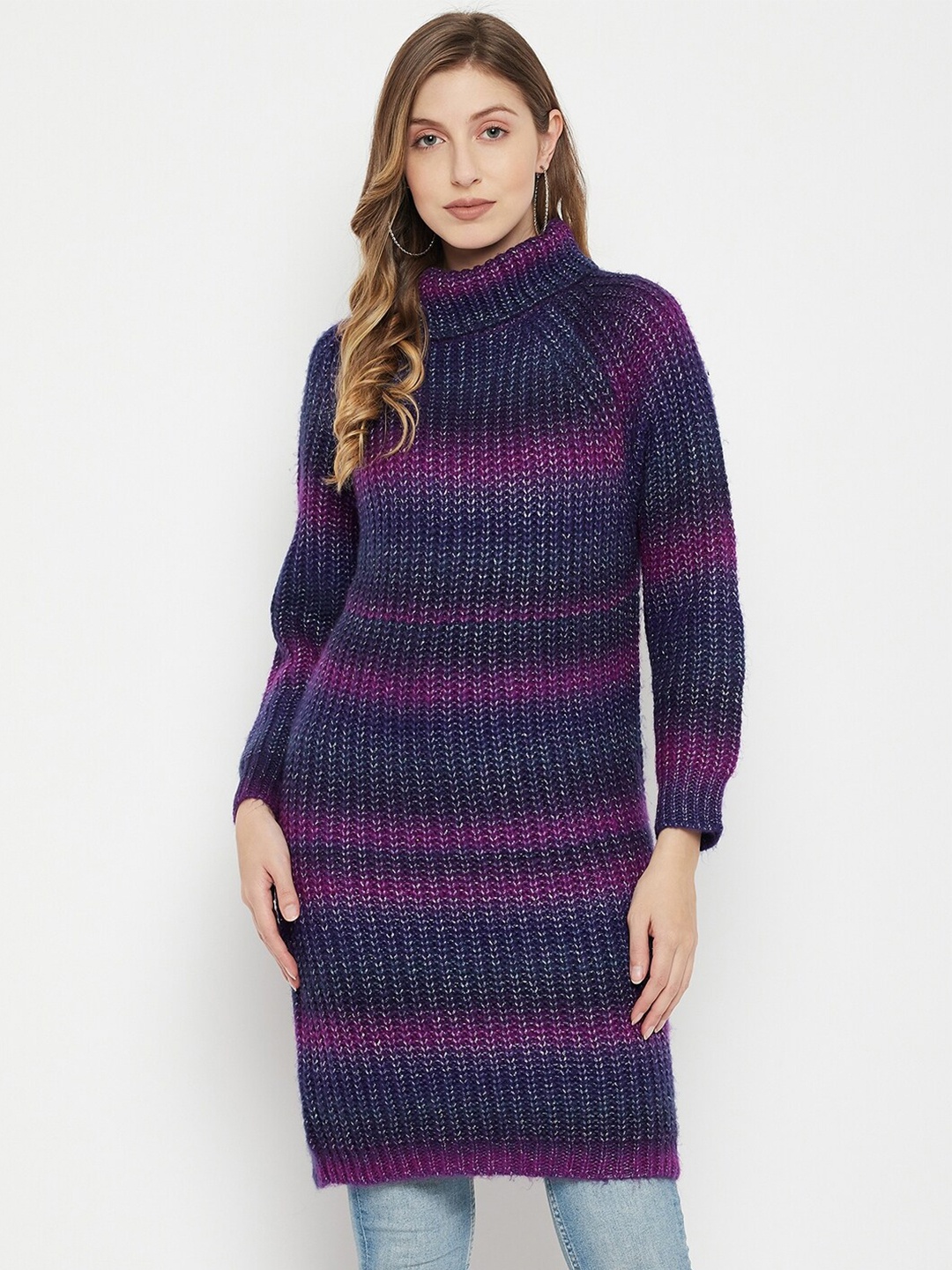 

Madame Women Purple & Blue Colourblocked Acrylic Longline Pullover