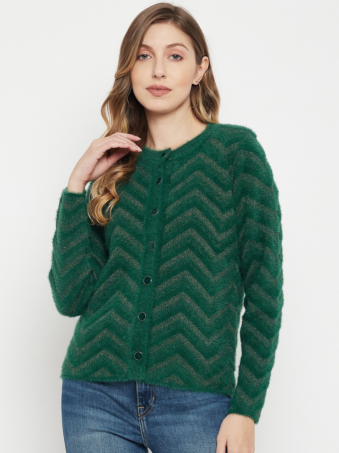 

Madame Women Green Chevron Acrylic Cardigan with Fuzzy Detail