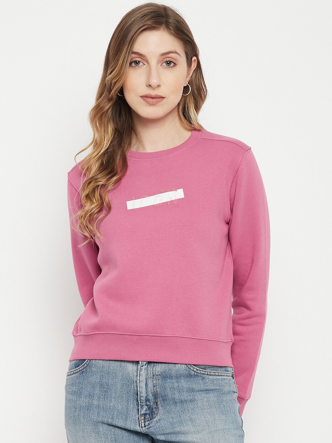 

Madame Women Pink Solid Cotton Sweatshirt