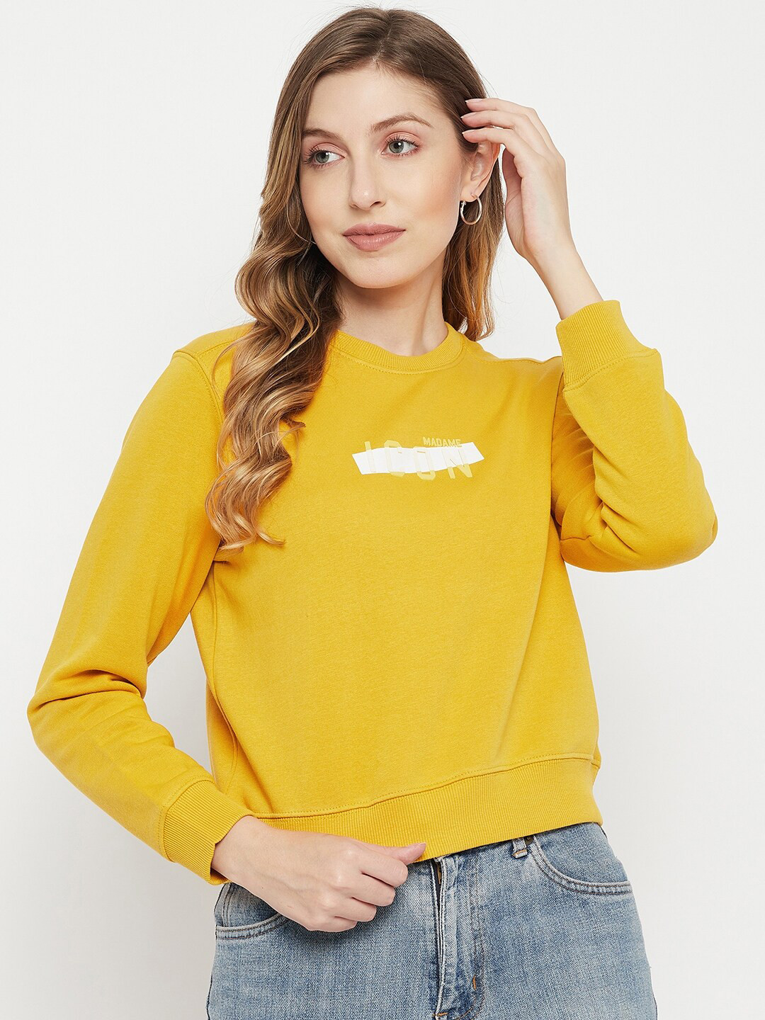 

Madame Women Yellow Solid Cotton Sweatshirt
